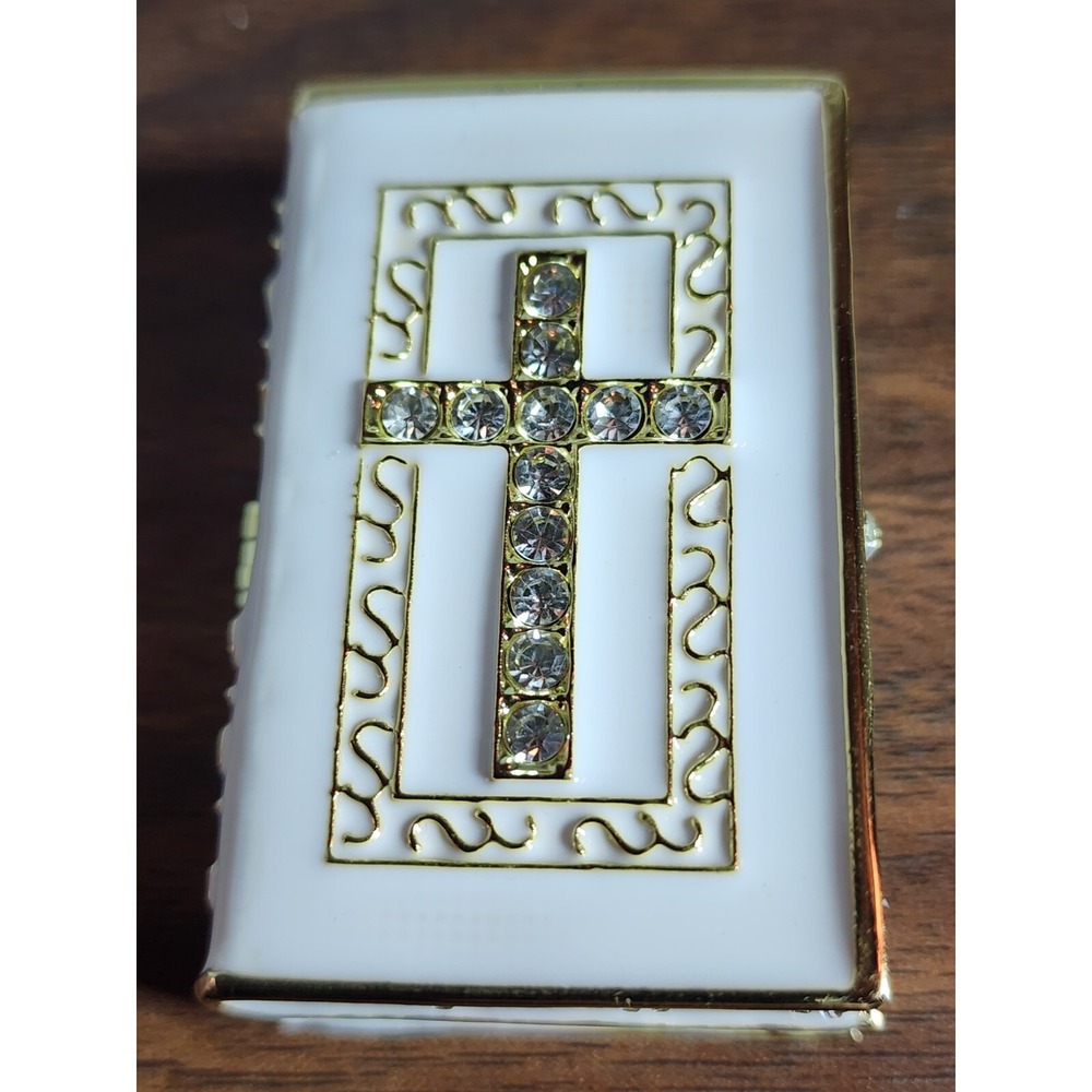 Bible With Cross Metal Enameled‎ Rhinestone Hinged Mini 3" Trinket Box Open Box